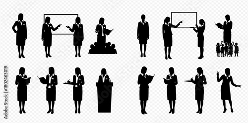 Silhouettes of women in business attire presenting and speaking.