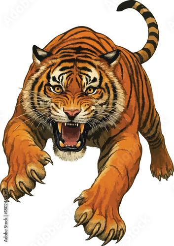 a roaring tiger leaping forward with claws extended. Detailed vector work and vivid colors capture the animal’s strength, aggression, making it ideal for wildlife, sports, and design themes.