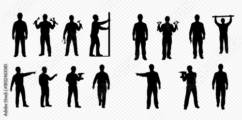 Silhouettes of men in various poses, some holding tools, isolated on a transparent background.