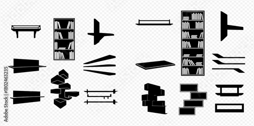 Collection of shelf and bookcase illustrations in black and white.