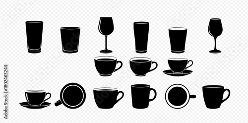 Silhouette of various glasses and cups in a row on a transparent background.