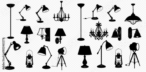 A collection of silhouette images of various lamps and lighting fixtures.