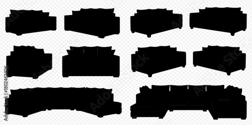 Silhouetted sofas and sectionals in various shapes and sizes against a transparent background.