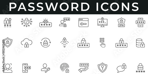 Password Icons vector illustration with thin line editable stroke containing login, authentication, 2FA, cybersecurity, encryption, fingerprint, face ID, lock, shield, privacy, passcode, protection.