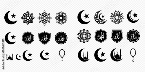 Collection of Islamic symbols and designs, including crescent moons, stars, and geometric patterns.