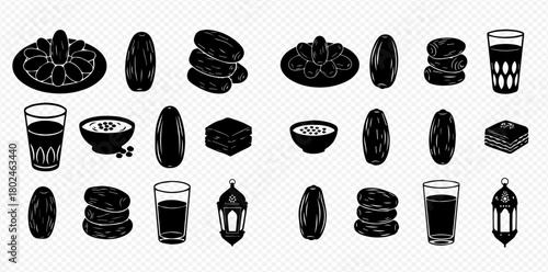 Ramadan feast illustration with dates, sweets, and drinks in black and white.