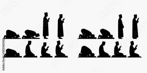 Silhouette illustration of Muslim prayer positions, showing different stages of worship.