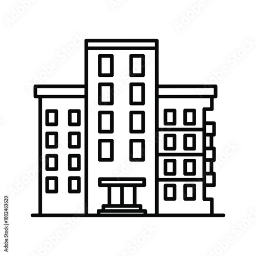 Outline illustration of a modern multi-story office building complex or residential apartments in urban city area