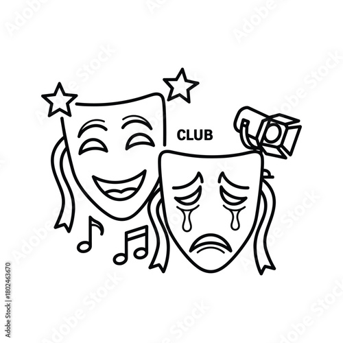 Comedy and tragedy theatre masks with musical notes, stars, and a spotlight, symbolizing a performing arts club or venue.