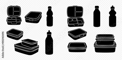 Silhouetted lunchboxes and water bottles arranged in two groups on a white background.