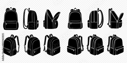 A collection of black and white backpack illustrations in various poses and angles.