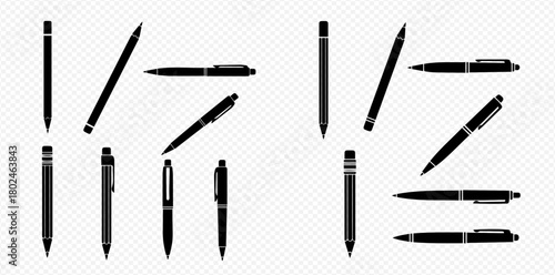 Silhouette image of multiple pens in various positions on a transparent background.