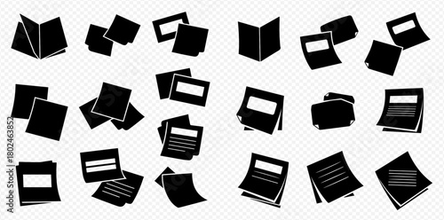 A collection of black and white illustrations of various books and documents in different positions and states.