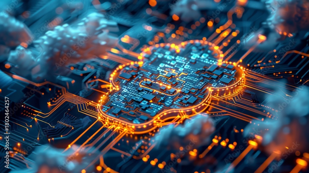 Fototapeta premium Cloud computing concept, server hardware storage with virtual connections, data flow and symbolic cloud, ai generated