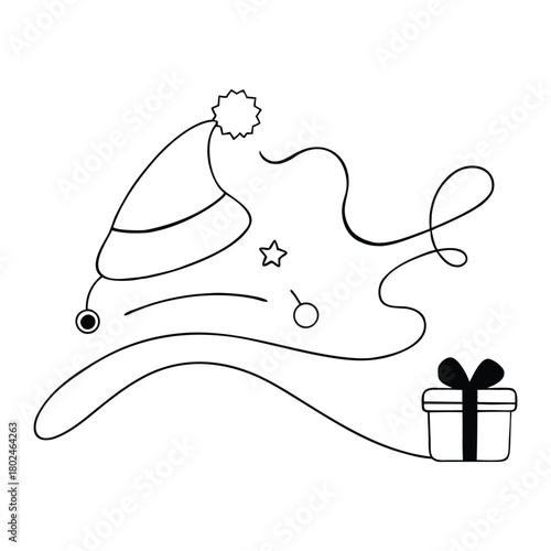Black outline of Santa hat and gift box with flowing ribbon christmas present