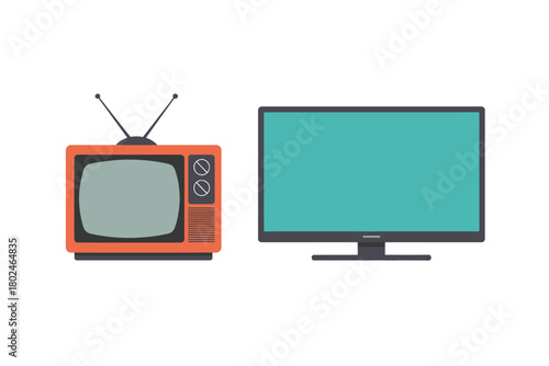 A vintage television set is shown next to a modern flat-screen monitor.