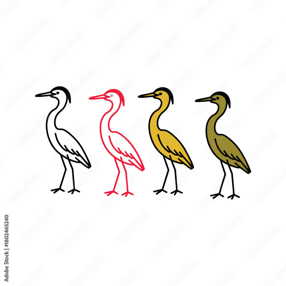 Obraz premium Stylized Heron Bird Outline and Color Variations