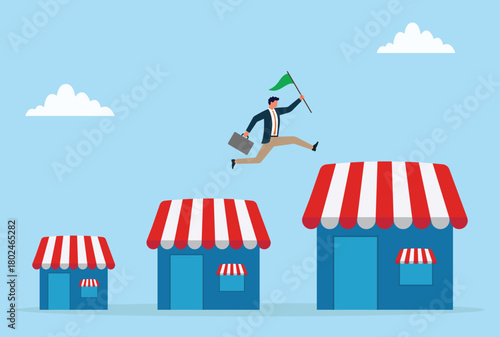 Vector illustration of a businessman leaping across growing storefronts with a flag, symbolizing business expansion, progress, and successful growth from small to large enterprises
