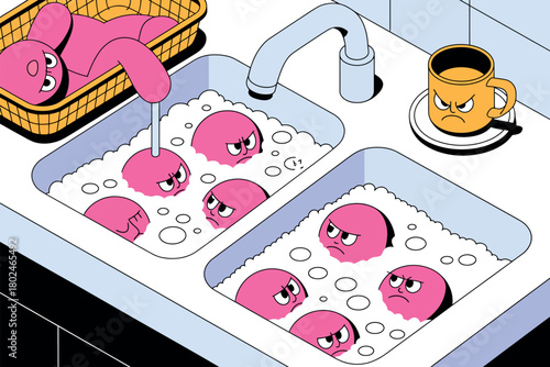 Pink cartoon figures with angry faces are being washed in a kitchen sink.