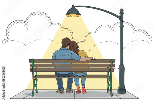 A couple sits on a park bench under a street lamp, illuminated by its warm glow.