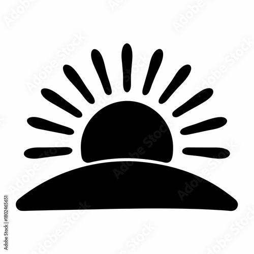 Stylized rising sun over a hill, black and white illustration, simple design
