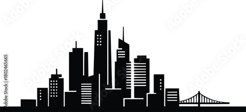 Modern cityscape silhouette featuring diverse architectural styles and iconic buildings against white background