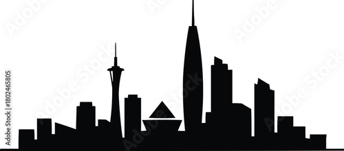 Modern cityscape silhouette featuring diverse architectural styles and iconic buildings against white background