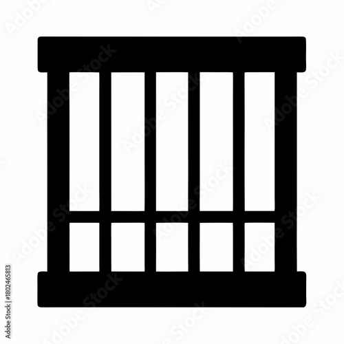 Stylized black and white depiction of prison bars, a jail window