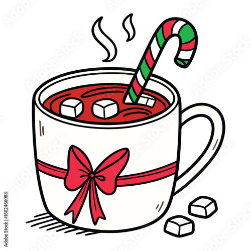 White mug with red ribbon and candy cane hot chocolate and sugar cubes vector