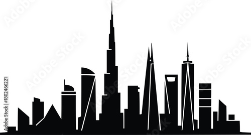Modern cityscape silhouette featuring diverse architectural styles and iconic buildings against white background