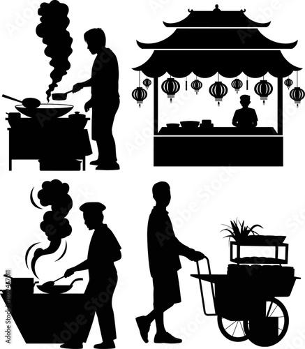 Asian Street Food Vendor Silhouettes Set
