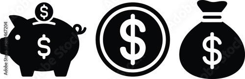 Money saving, investment, and financial wealth icon set concept