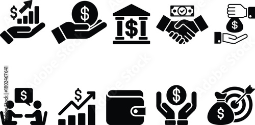 Financial icons: growth, investment, banking, payment, and savings.