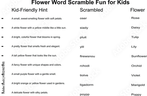 A printable worksheet with scrambled flower names for children to unscramble and identify.