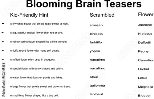A list of kid-friendly brain teasers, scrambled words, and their corresponding solutions in a clear, organized format.