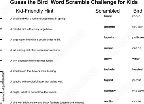 A worksheet with unscramble the words activity focused on birds, featuring hints and scrambled words for a fun learning experience.