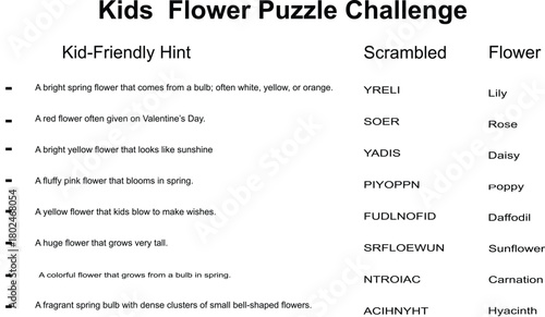 A printable worksheet for children featuring a flower puzzle challenge with categories like kid friendly, scent, and flower type.