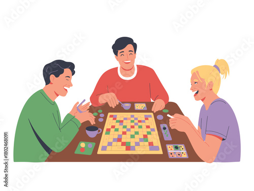 Friends happily playing a board game together at a table.