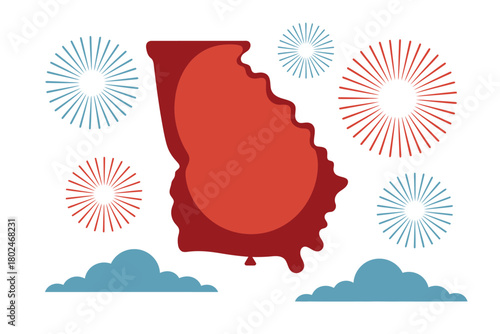 Georgia state shape balloon with fireworks and clouds illustration