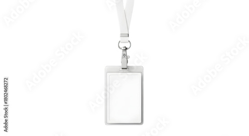 Empty white plastic id card holder with white lanyard and clip