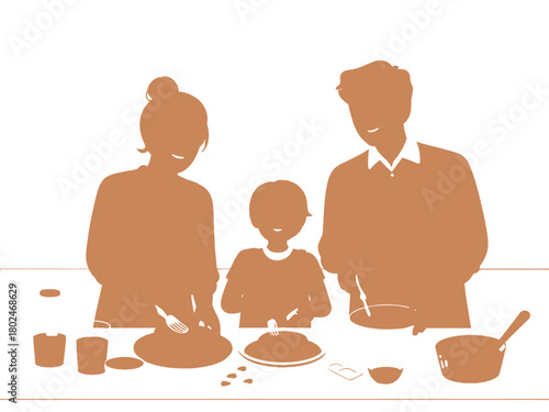 A family is shown preparing food together in the kitchen.