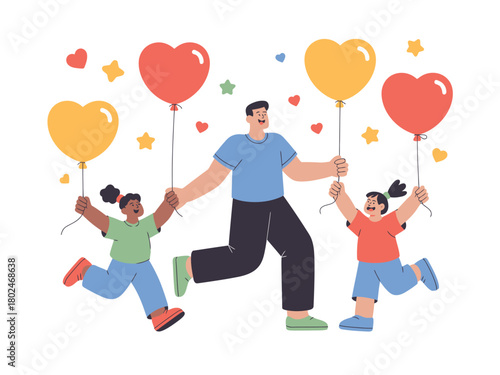 A man and two children joyfully run together holding heart-shaped balloons.