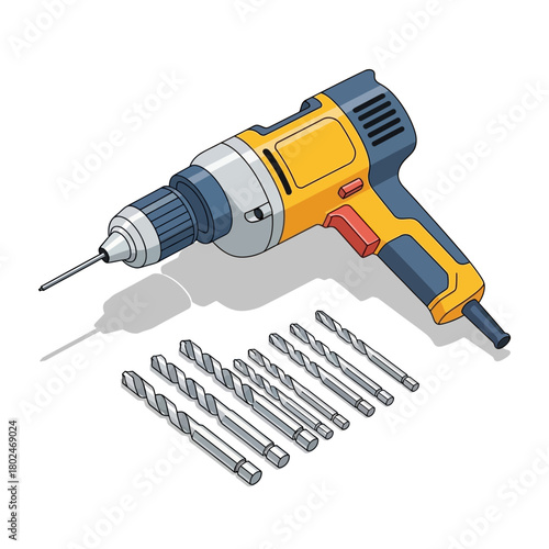 Isometric Electric Power Drill and Set of Drill Bits Vector