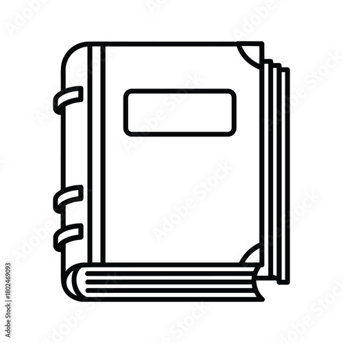 Outline graphic of a closed hardcover book with a blank label on its front cover, symbolizing knowledge and learning.
