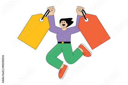 Excited shopper jumps with joy holding two large price tags