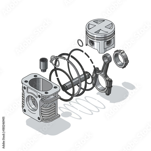Isometric Exploded View Engine Piston Cylinder Components Vector