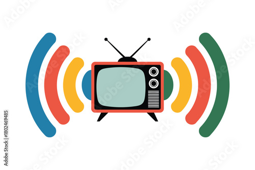 Retro television broadcasting colorful signal waves on a white background
