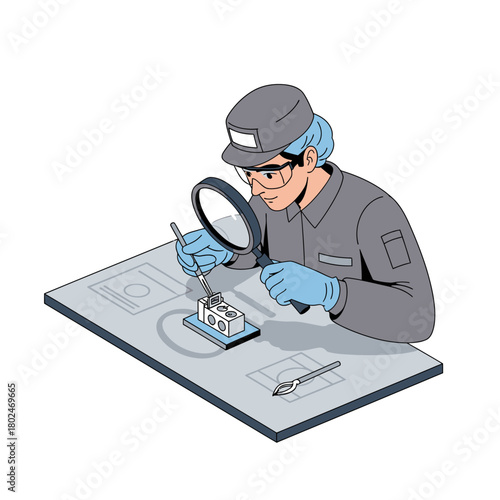 Precision Manufacturing Worker Examining Detail in Lab Vector