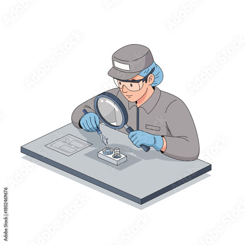 Isometric Quality Control Technician Inspecting Product Magnifying Glass Vector