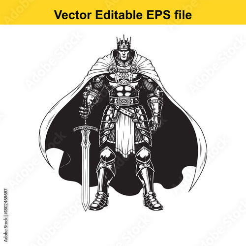A powerful medieval king in full armor, wearing a crown and holding a sword, standing majestically with a flowing cape, isolated on